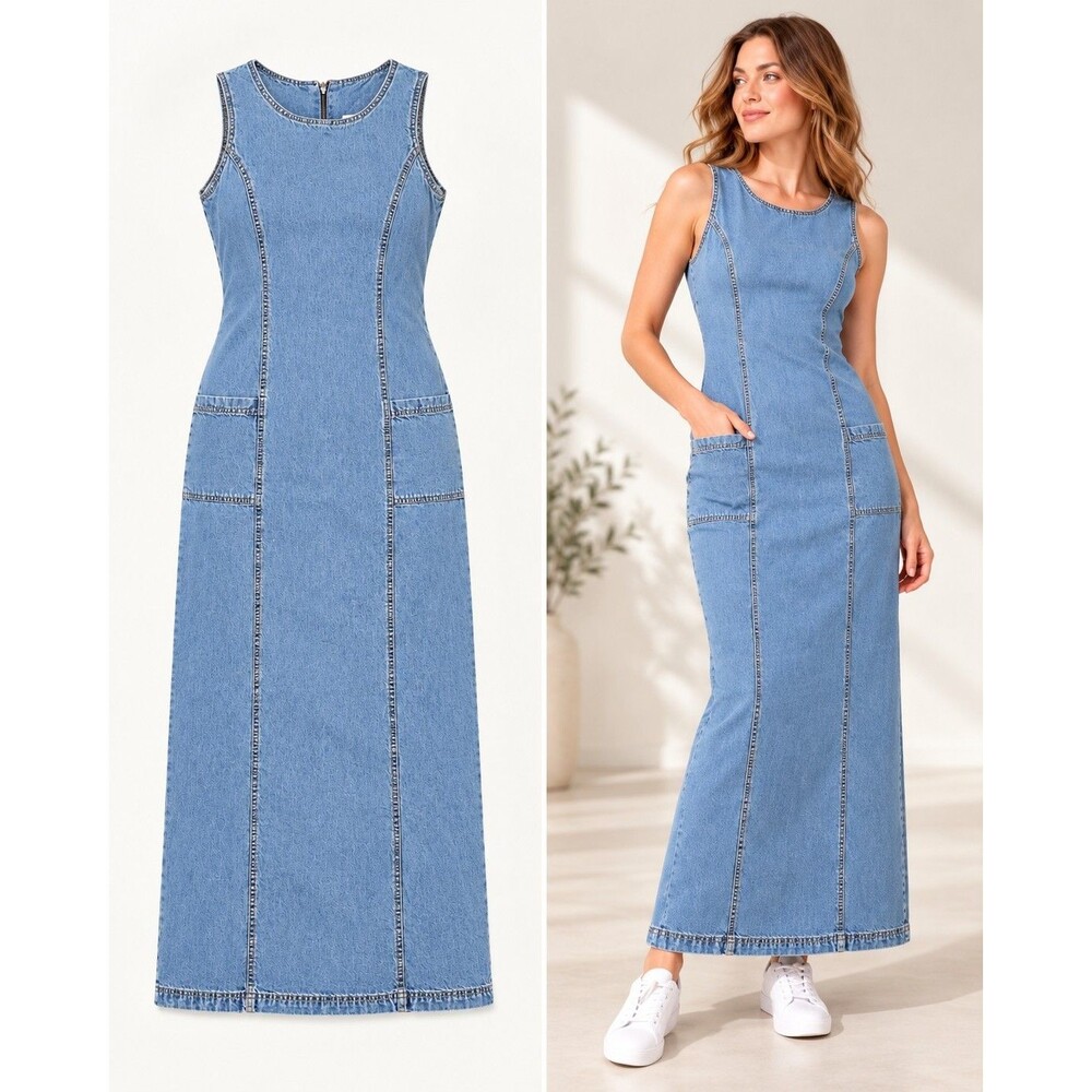 Vintage 90s Susquehanna Trail Outfitters Denim Maxi Dress Size S Blue Cotton